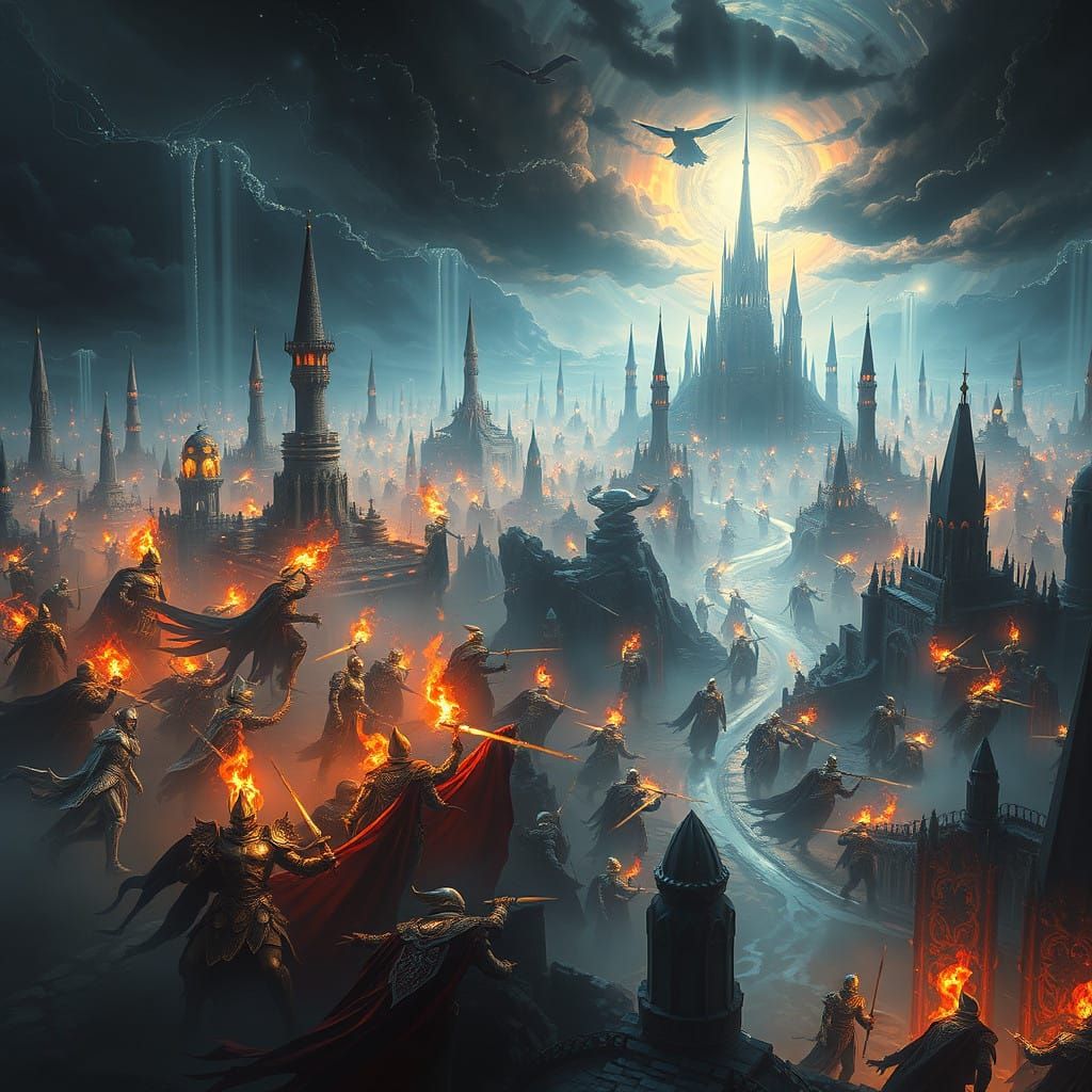 Epic Clash of Light and Dark Realms in Cyberpunk Style