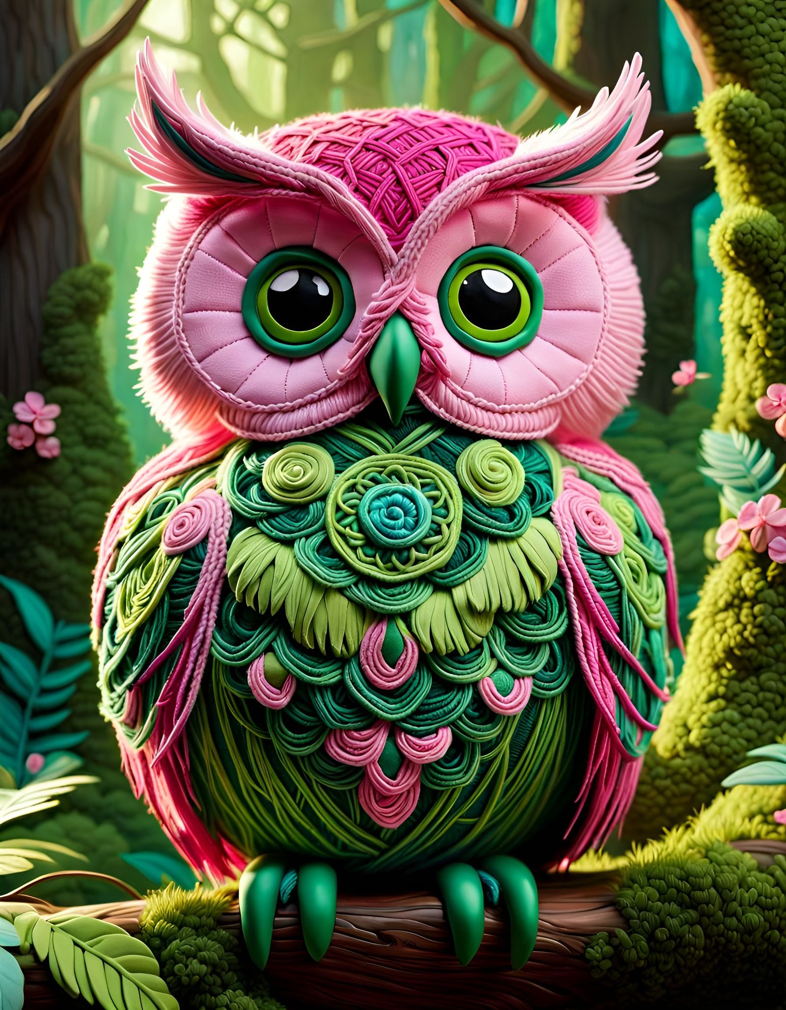 Elaborate Yarn Owl Plushie in Detailed Forest