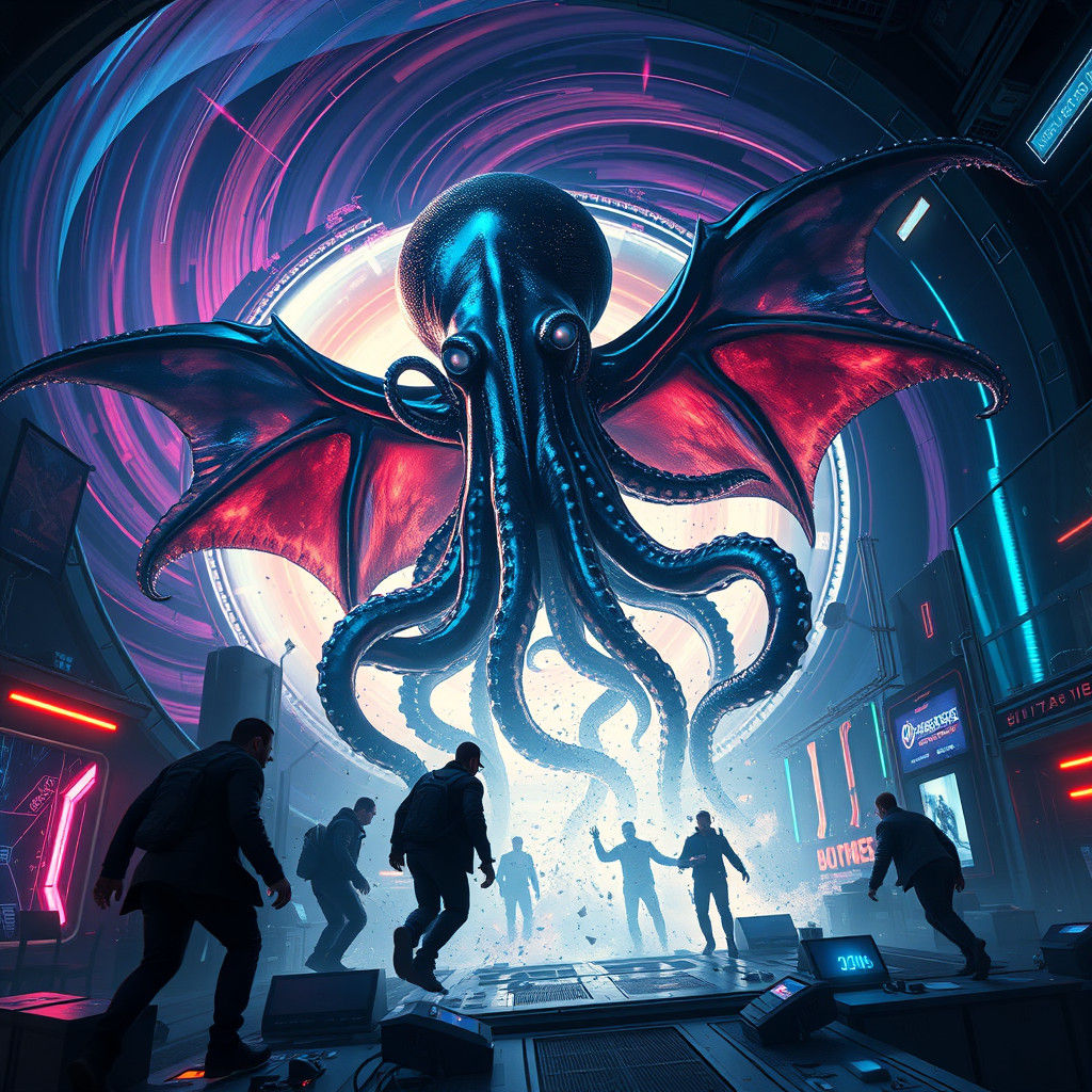 A squid with bat wings appears through a dimensional portal in S.H.I.E.L.D. Headquarters to the agents' alarm.