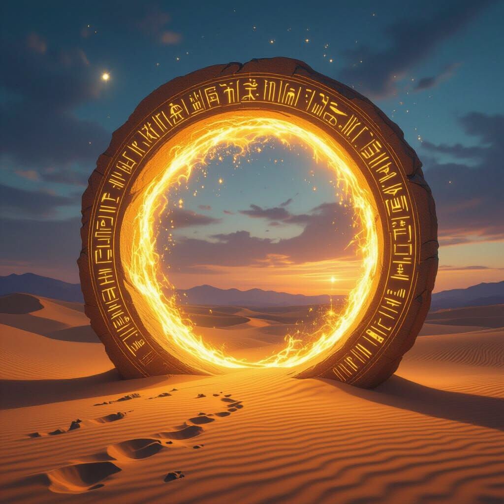 Golden Sand Portal with Glowing Hieroglyphs in Desert Twilig...