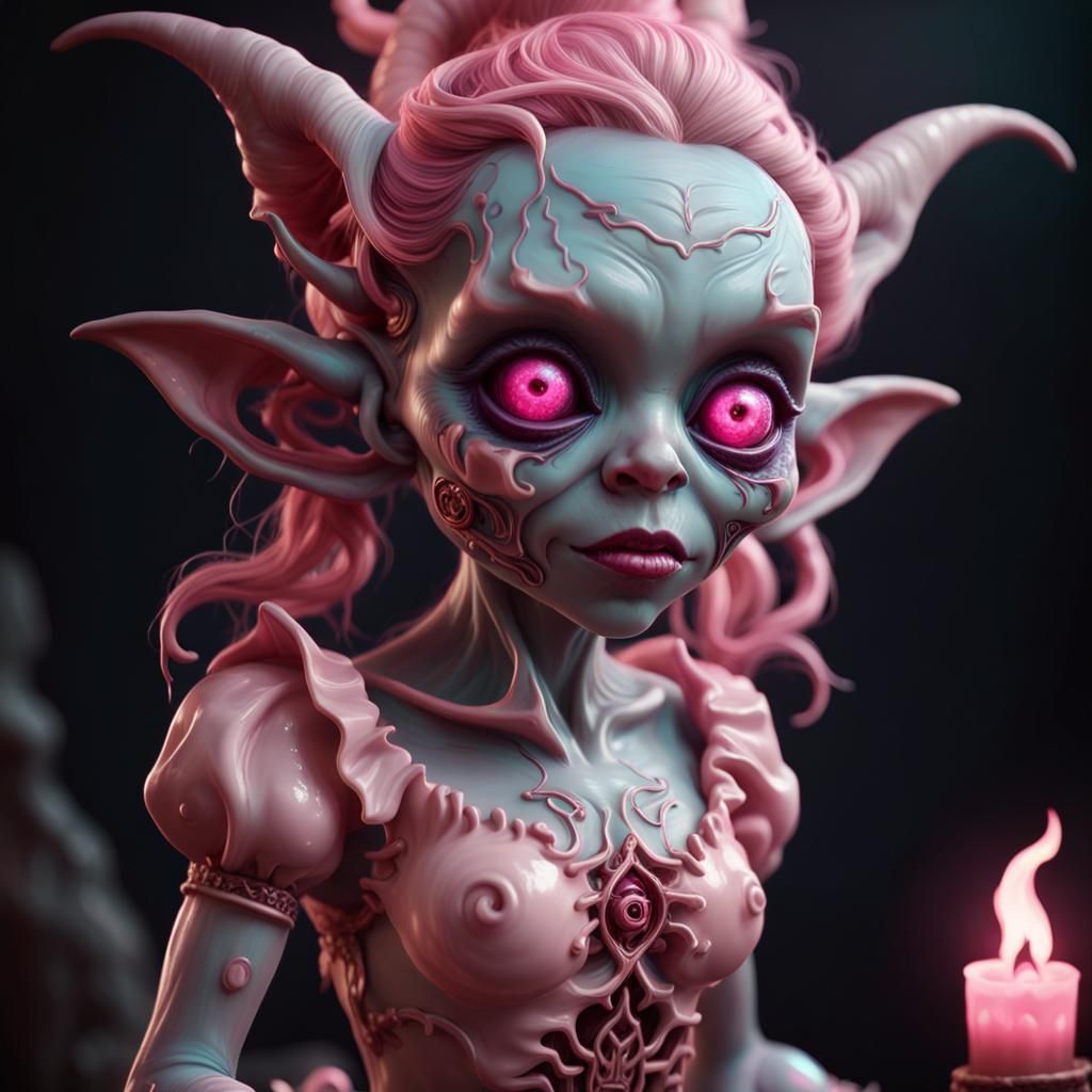 Bioluminescent Pink Goblin Doll: Demonic Porcelain Art