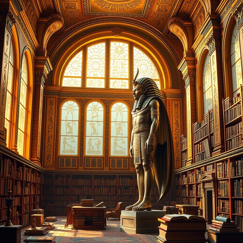 Ancient Egyptian Library with Golden Hieroglyphs and Pharaoh...
