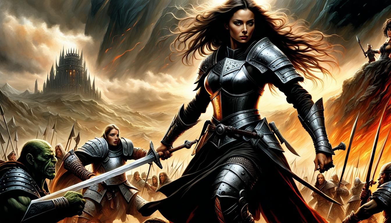 Epic Dark Fantasy Woman Warrior vs Orc Battle