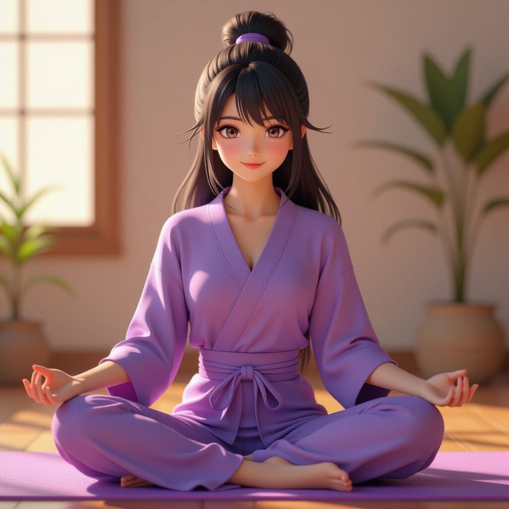 Hinata Hyuga in Lilac Doing Yoga: 3D Anime