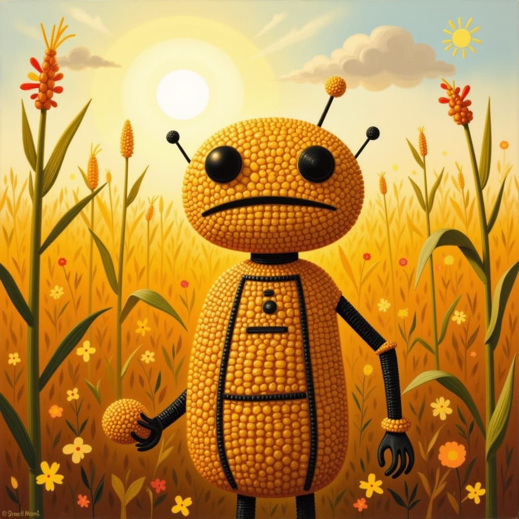 Whimsical Corn Robot in Golden Hour Field