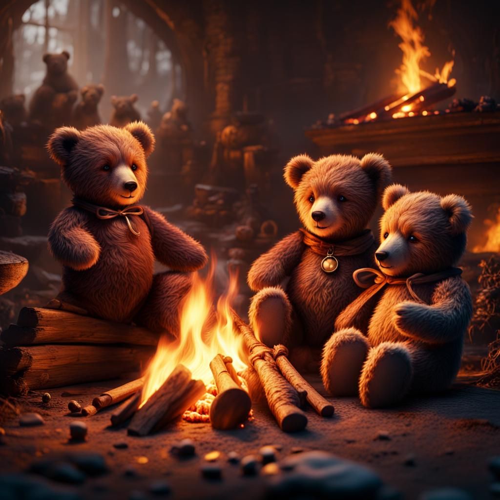 Teddy Bears Campfire: Detailed Matte Painting