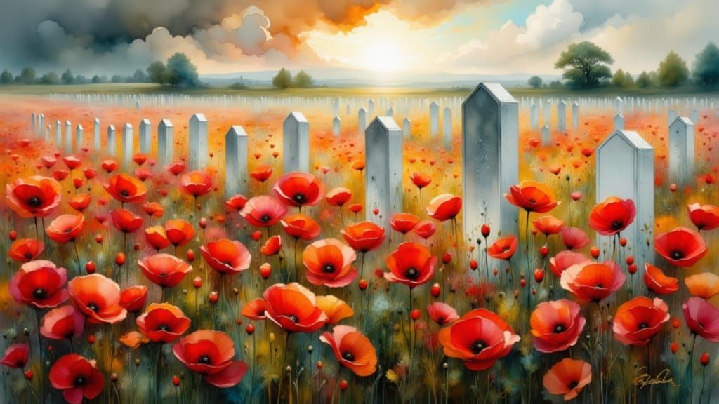 Poppies Bloom in Flanders Field as Ink Wash Painting