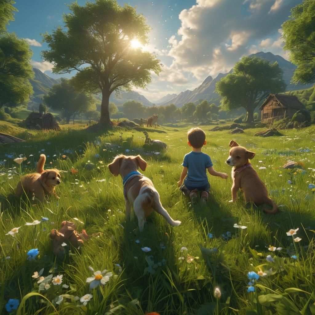 Children and Puppy Play in Fantasy Meadow