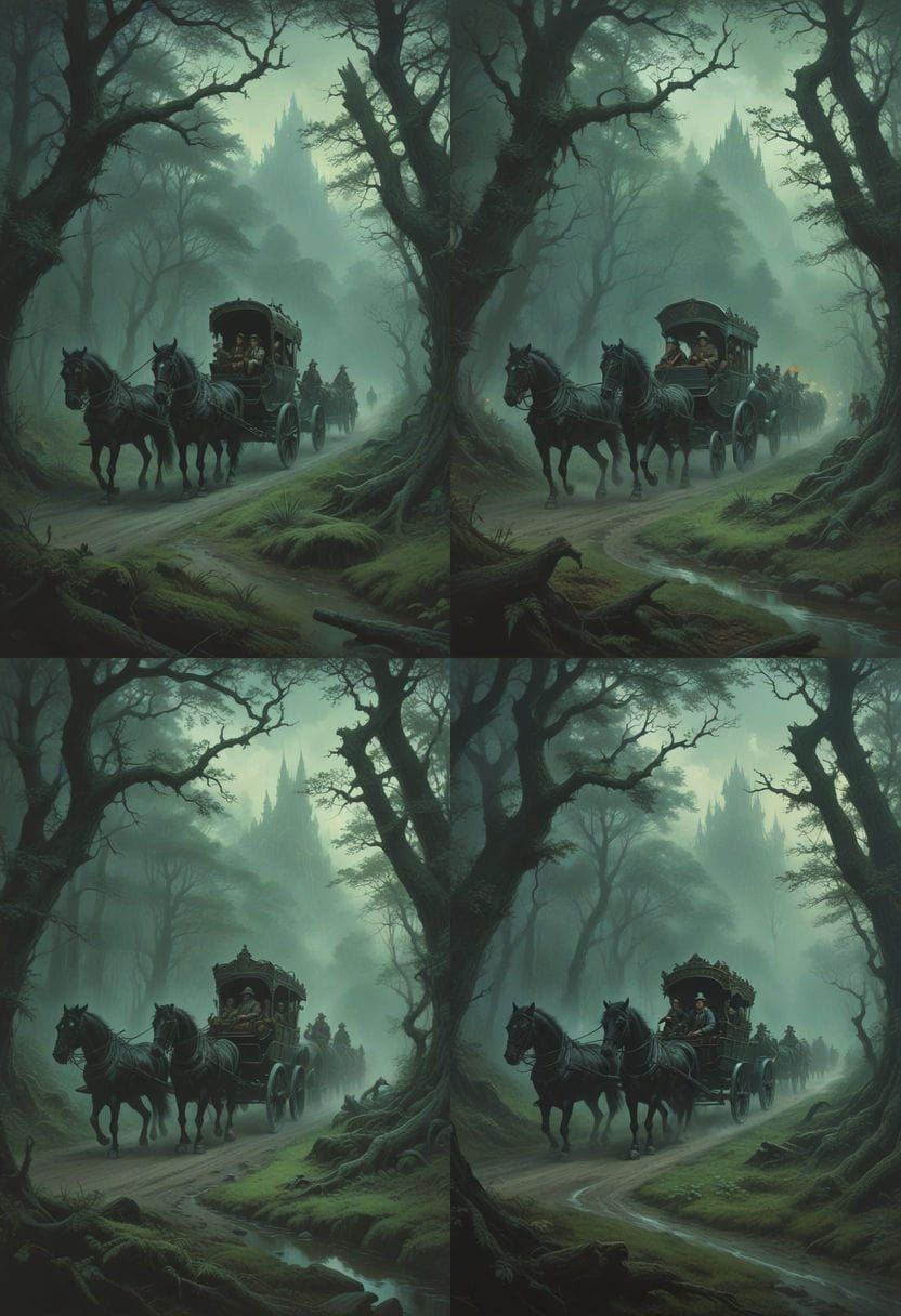 16th Century Coach Through Dark Forest, Heroic Fantasy Style