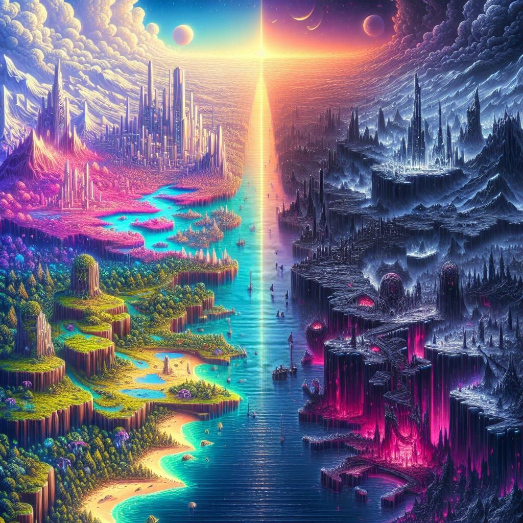 Contrasting Fantasy Realms in Vaporwave Style