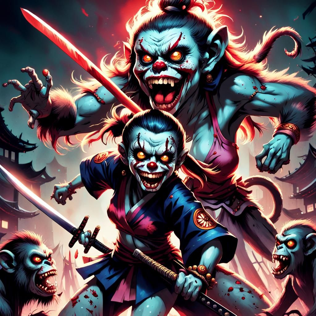 Samurai Zombie Monkey Clown Warrior in Ukiyo Manga