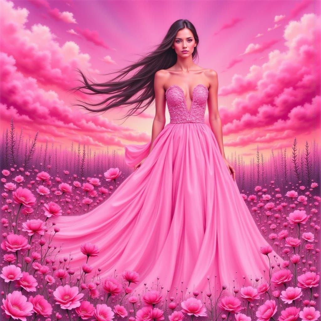 Ethereal Pink Dreamscape with Woman in Flowing Dress