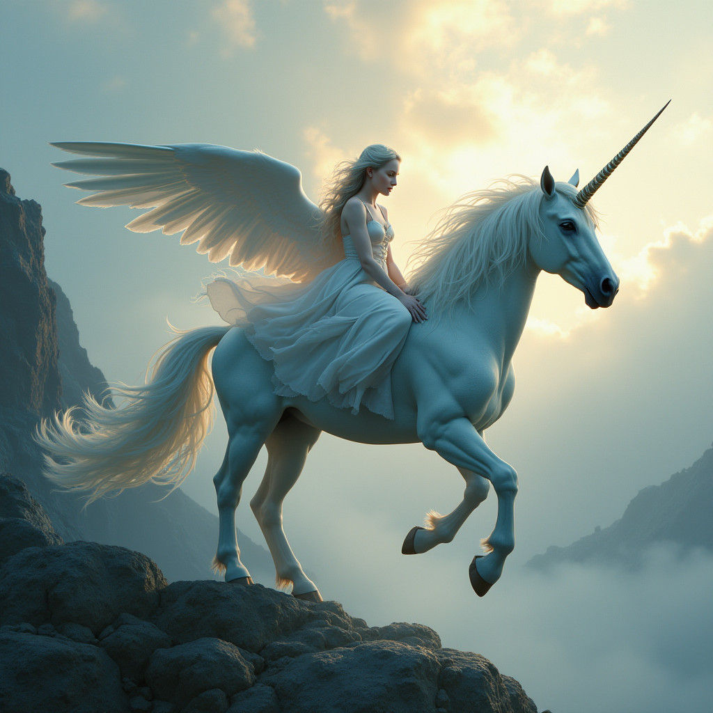 Scottish Unicorn and Angel in Dreamlike Landscape