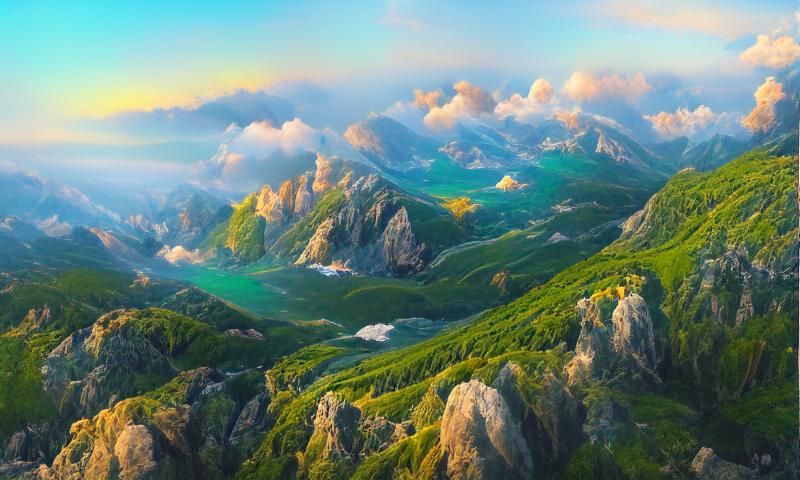 Verdant Mountain Vista with Wildflowers in Golden Light