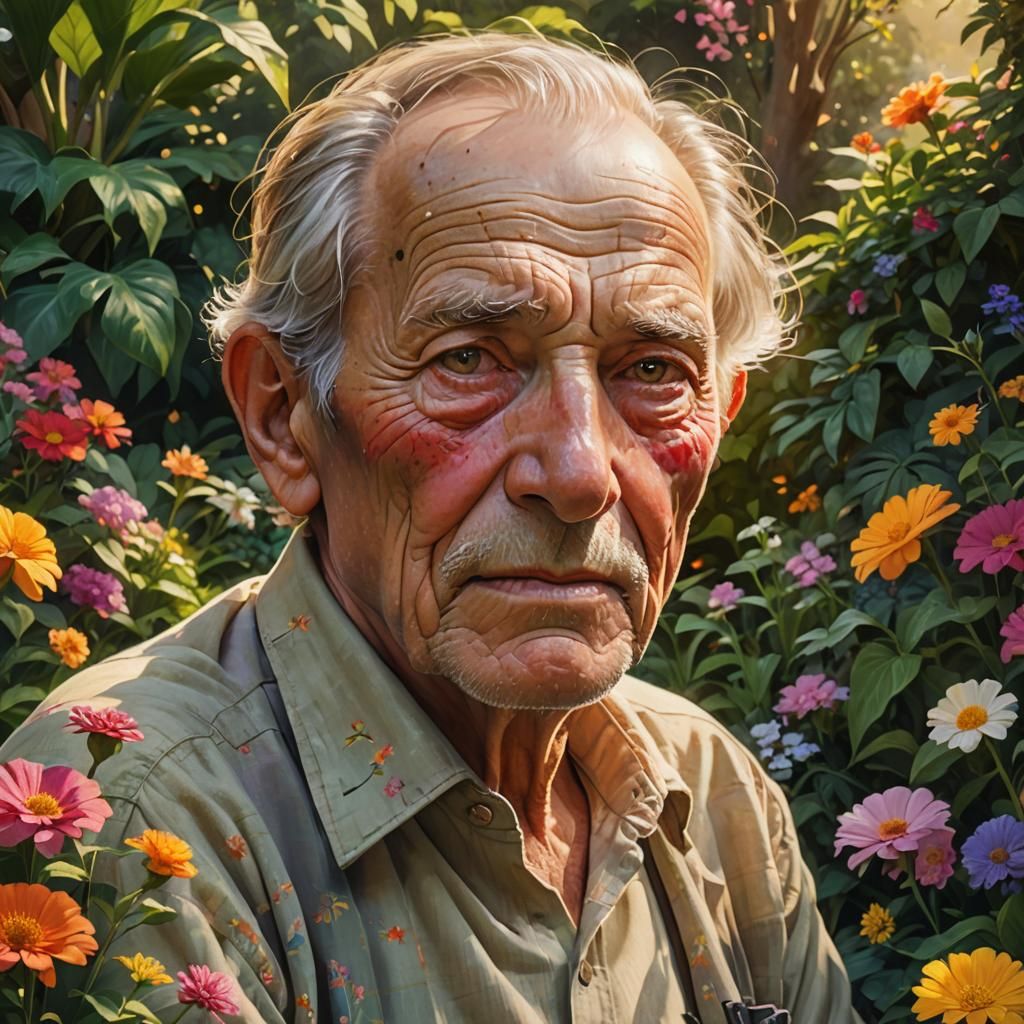 Elderly Man in Garden: Hyperrealistic Concept Art