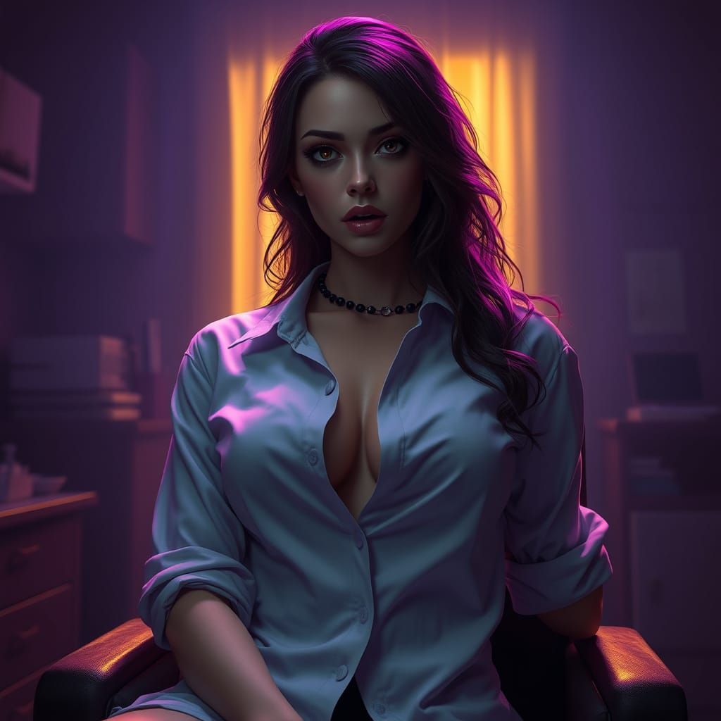 Seductive Vampire in Dimly Lit Doctor's Office