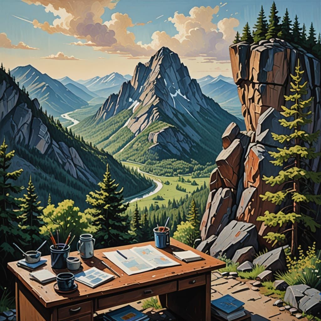 Gouache Painting of Mountain Office with Epic Views