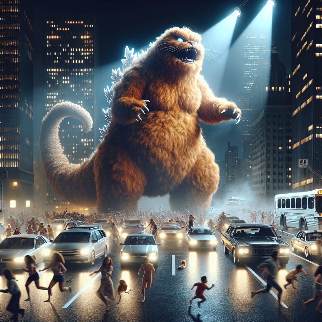 A towering giant obese fluffy ginger Catzilla monster trampling cars in a city at night with spotlights shining up, chao...