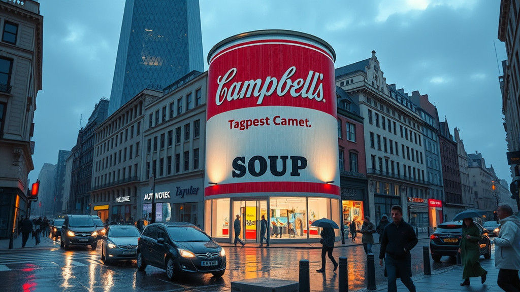 Giant Campbell's Soup Can Building in Rainy City