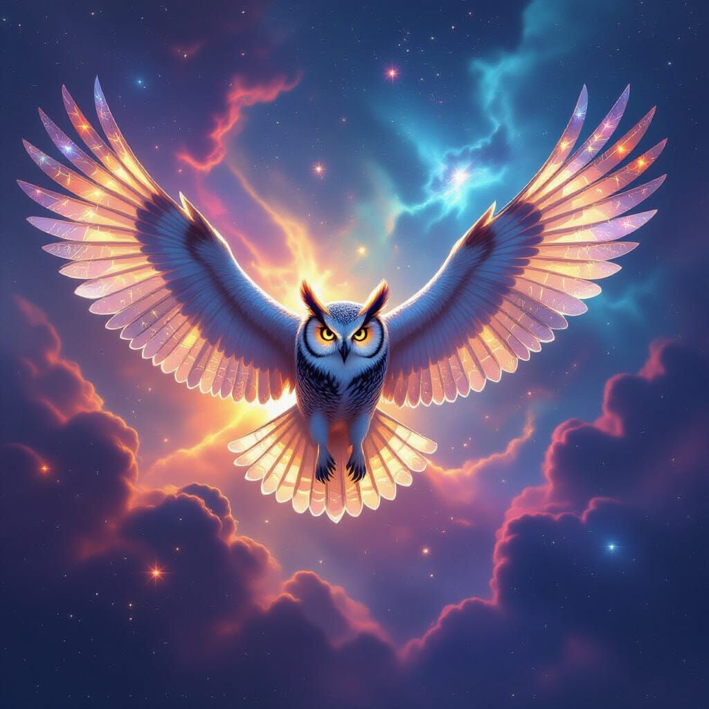 Cosmic Owl Soaring Through Vibrant Nebulae