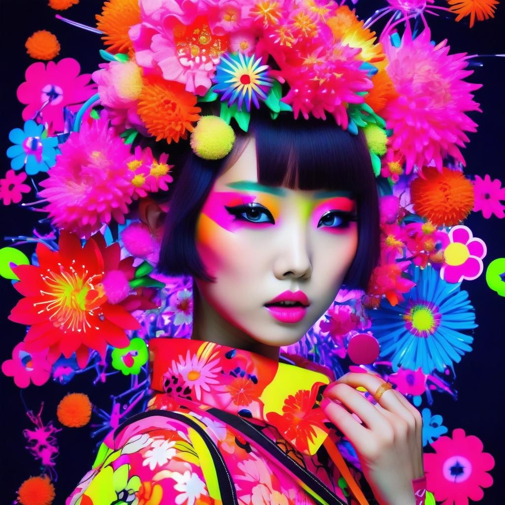 Harajuku Girl in Pop Art with Neon Flowers