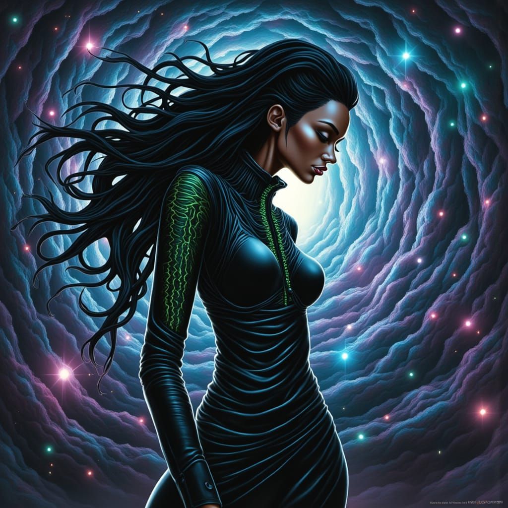Mysterious Woman with Bioluminescent Fractals in Cyberpunk S...
