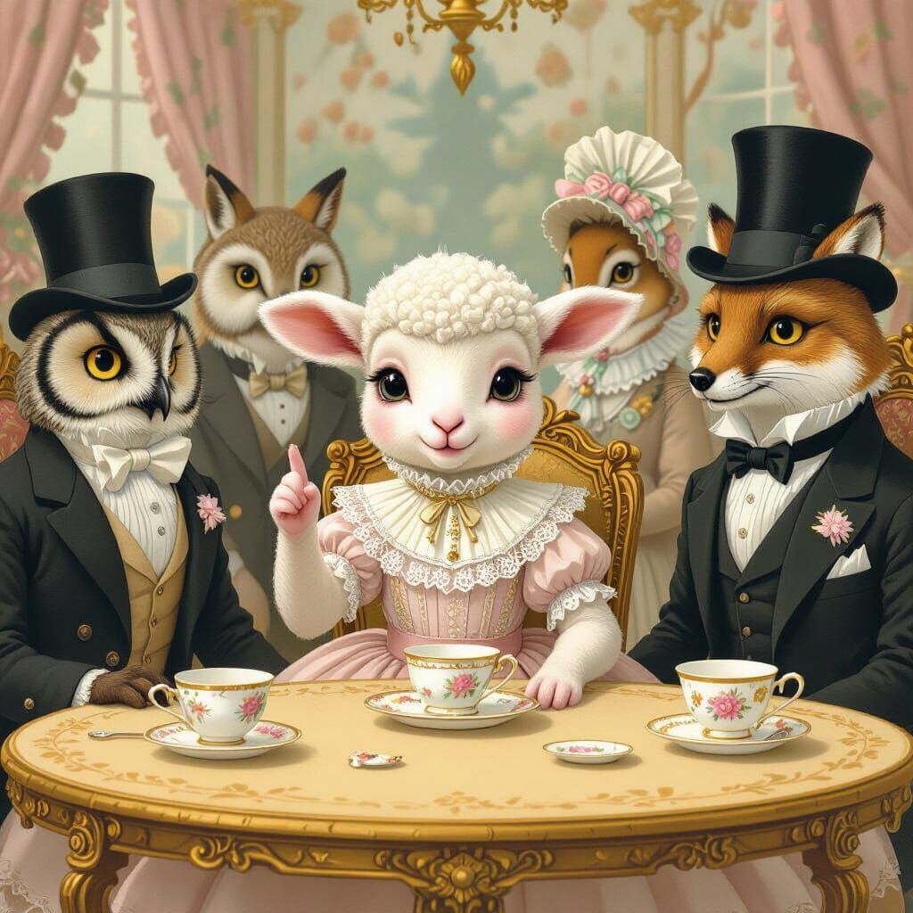 Whimsical Lamb's Victorian Tea Party Illustration