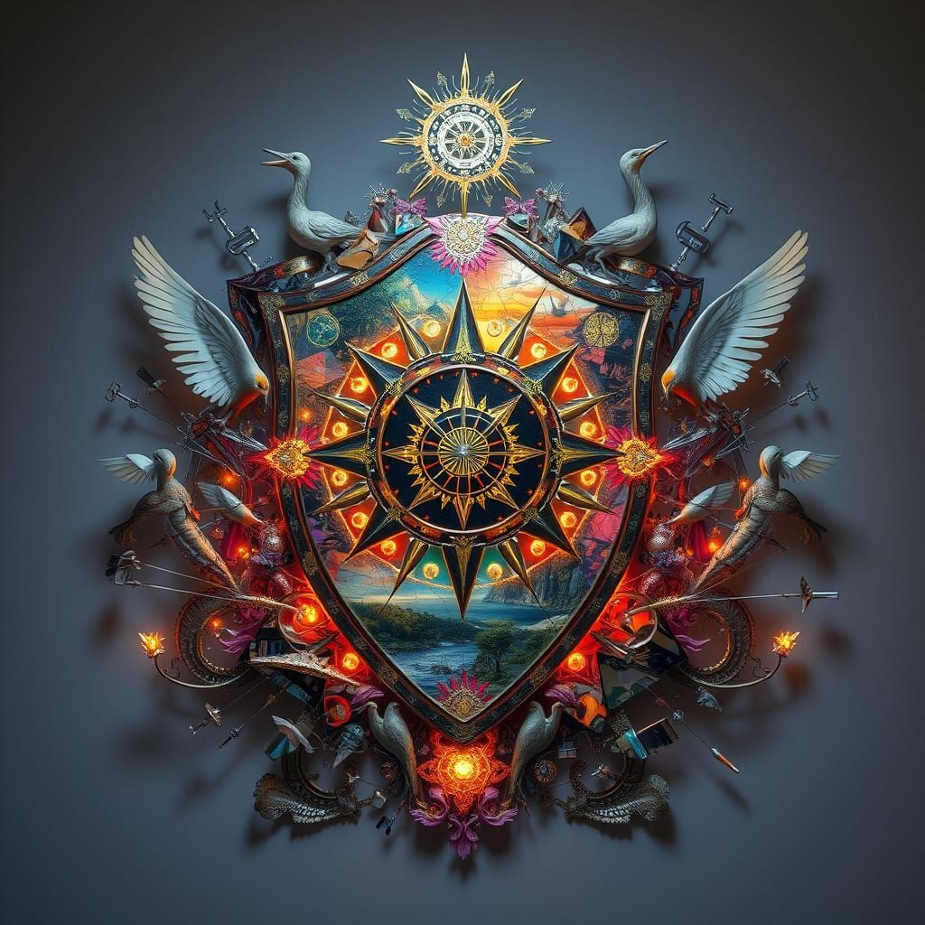 Surreal Fantasy Shield Unfolds in Mirrored Labyrinth