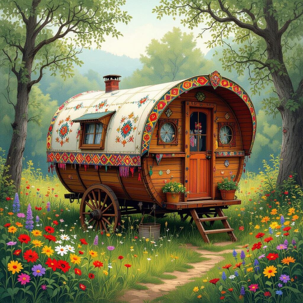 Bohemian Gypsy Caravan in Nature, Fantasy Art