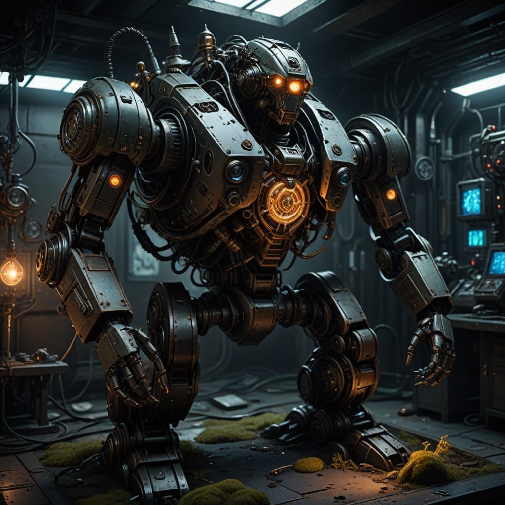 Massive Rusted Robot Heart in Gothic Sci-Fi Lab