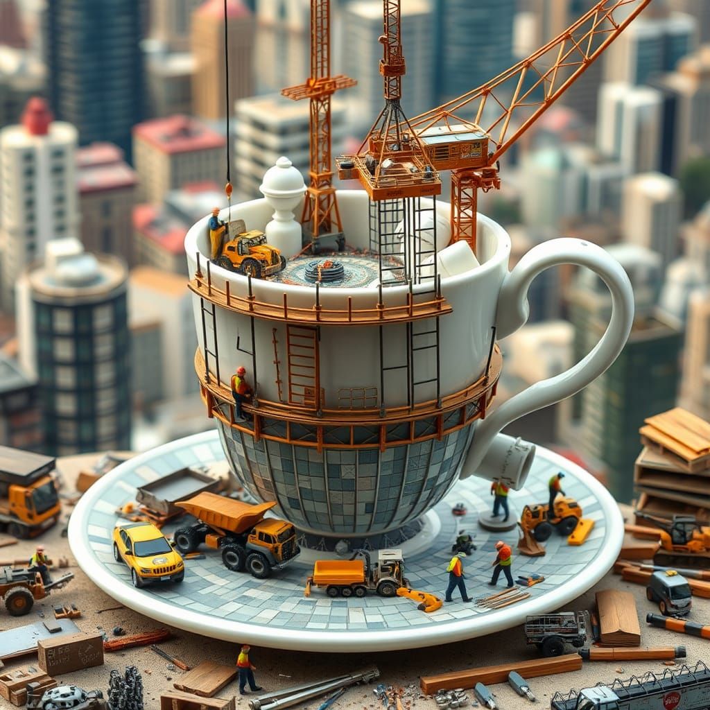 A miniature teacup under construction, set against the backd...