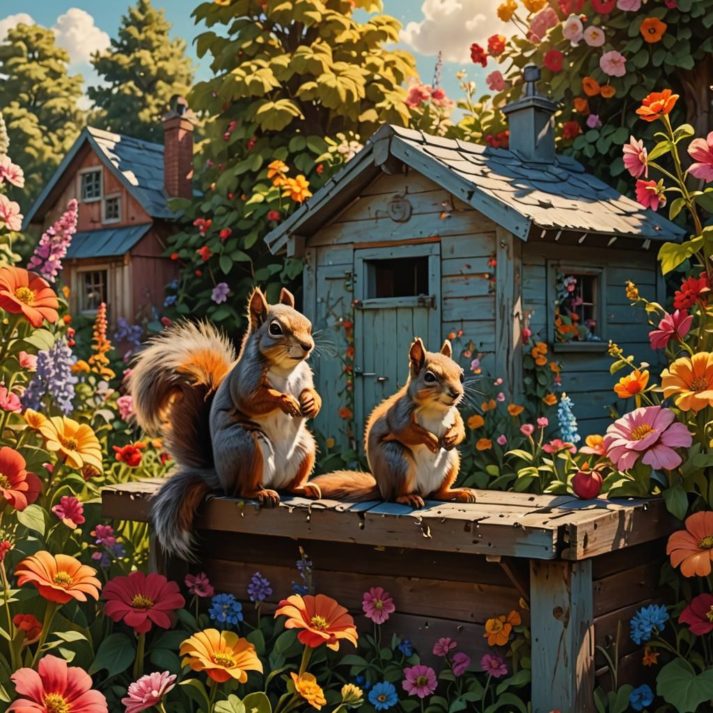 Squirrel in Flower Garden: Photorealistic Digital Embroidery