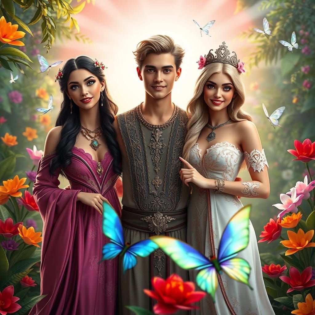 Mystical Allies: Alpha Women and Beta Man in Vibrant Nature