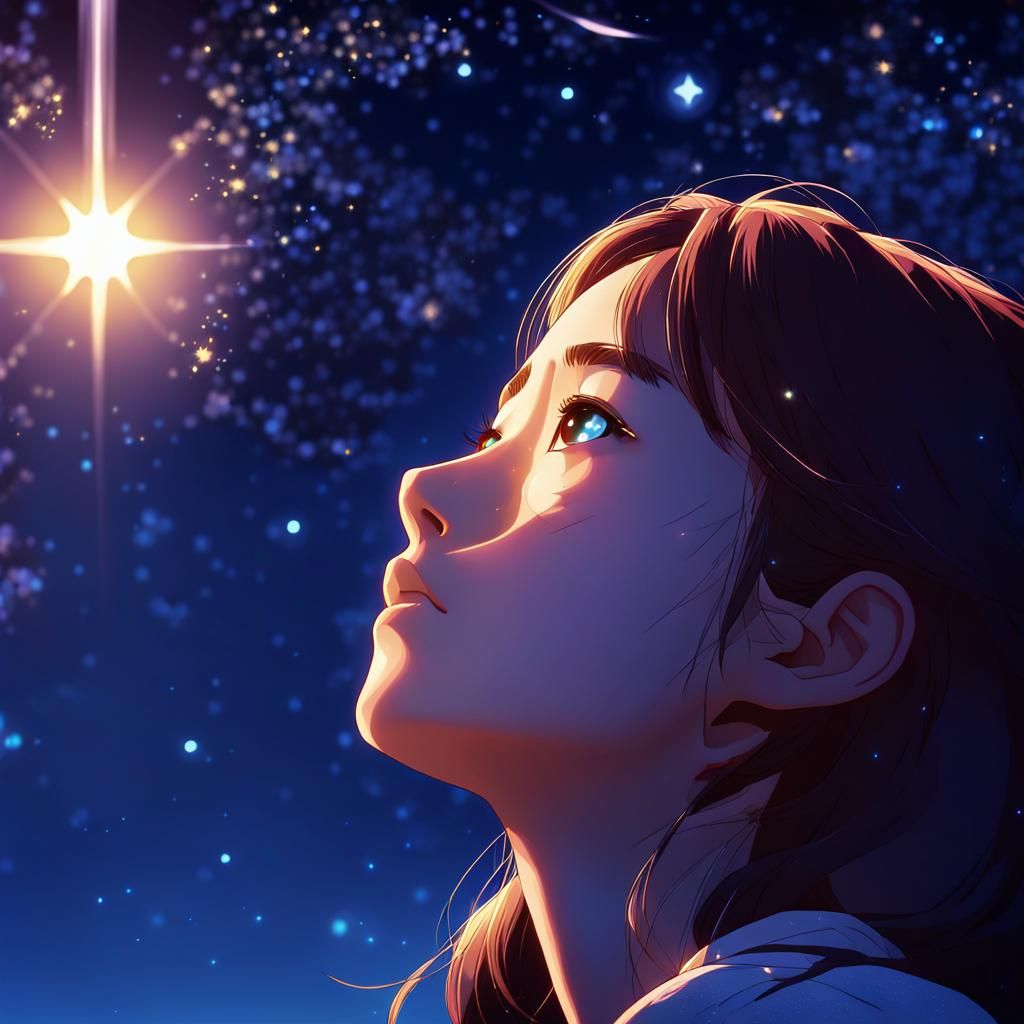 Anime Woman Stares into Starry Night Sky