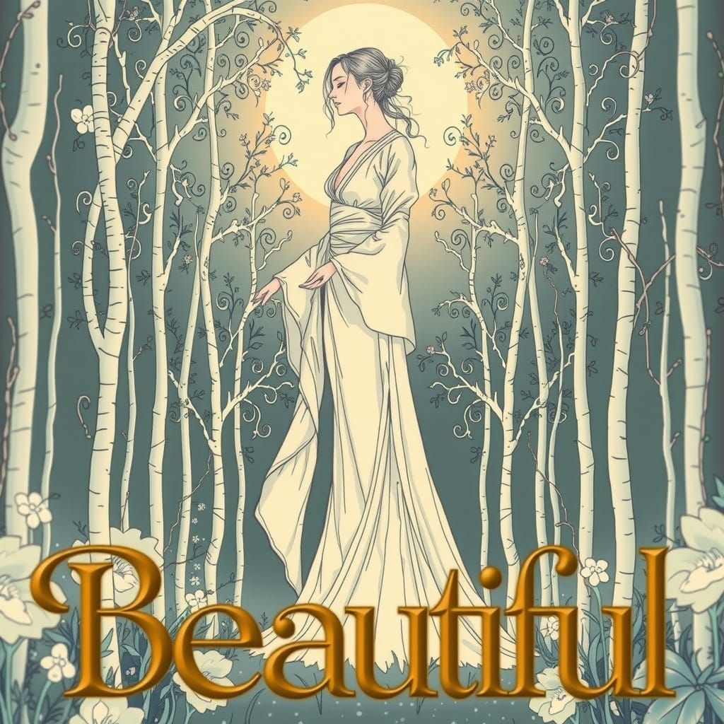 A tall, thin, and elegant woman stands in a serene, moonlit ...