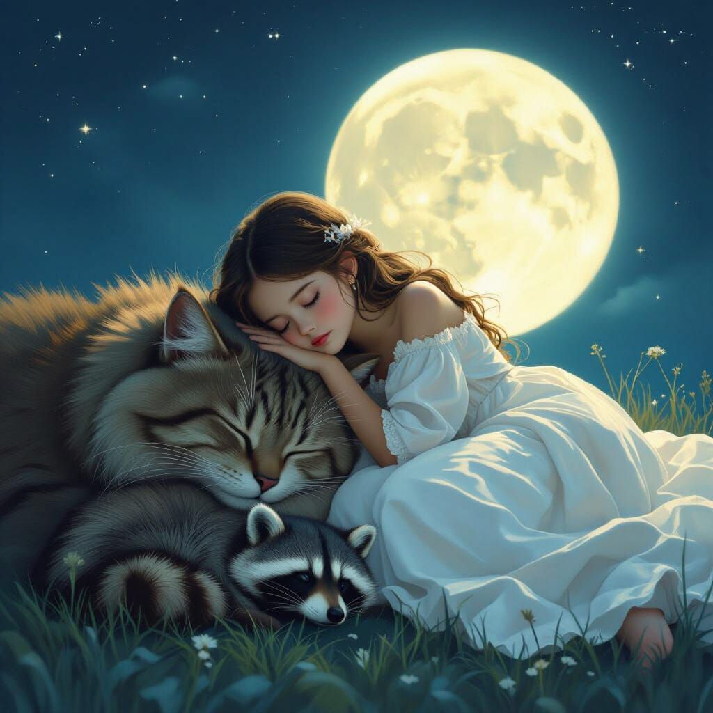 Girl, Cat, and Raccoon Sleeping Under Moonlight