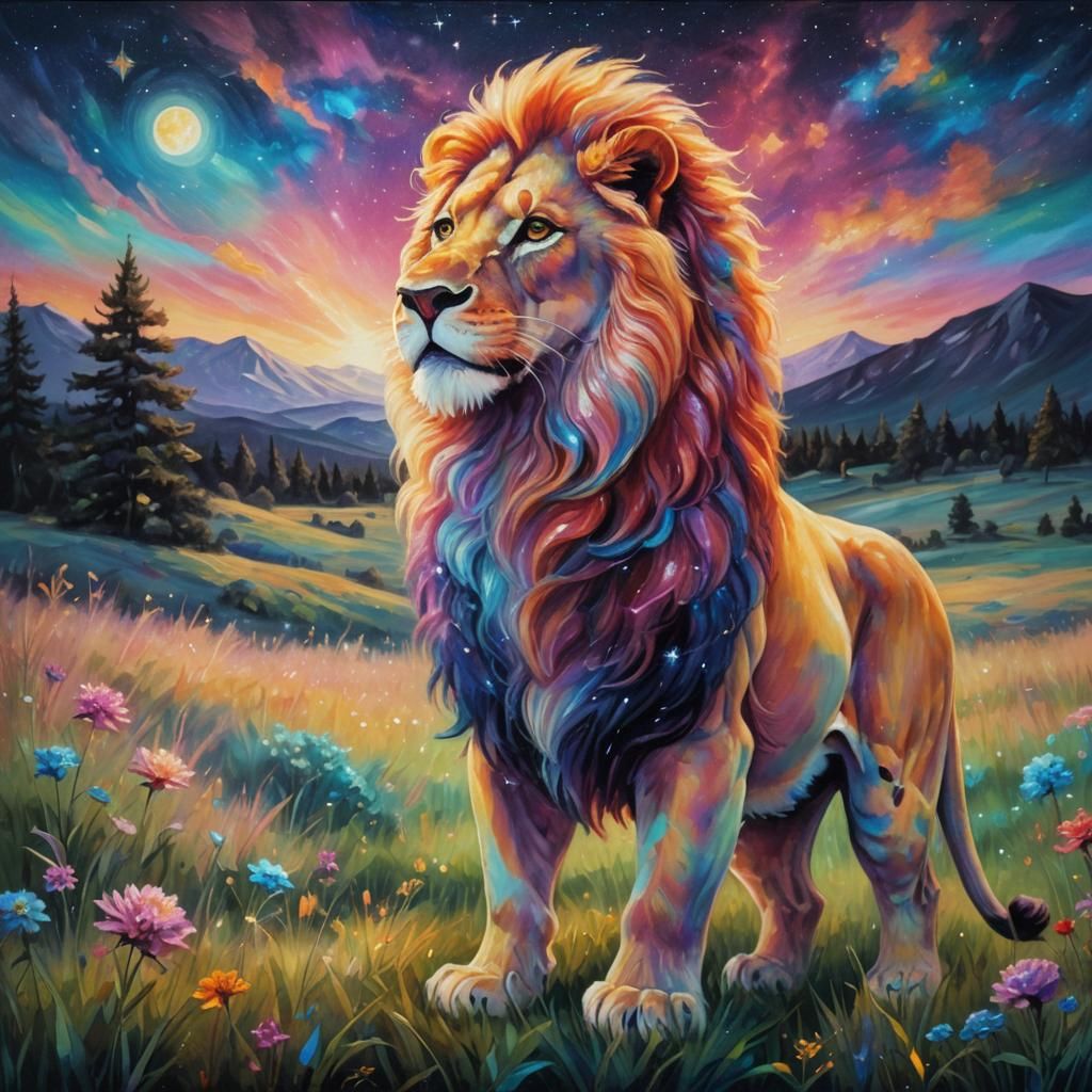 Glowing Opal Lion on a Starlit Meadow