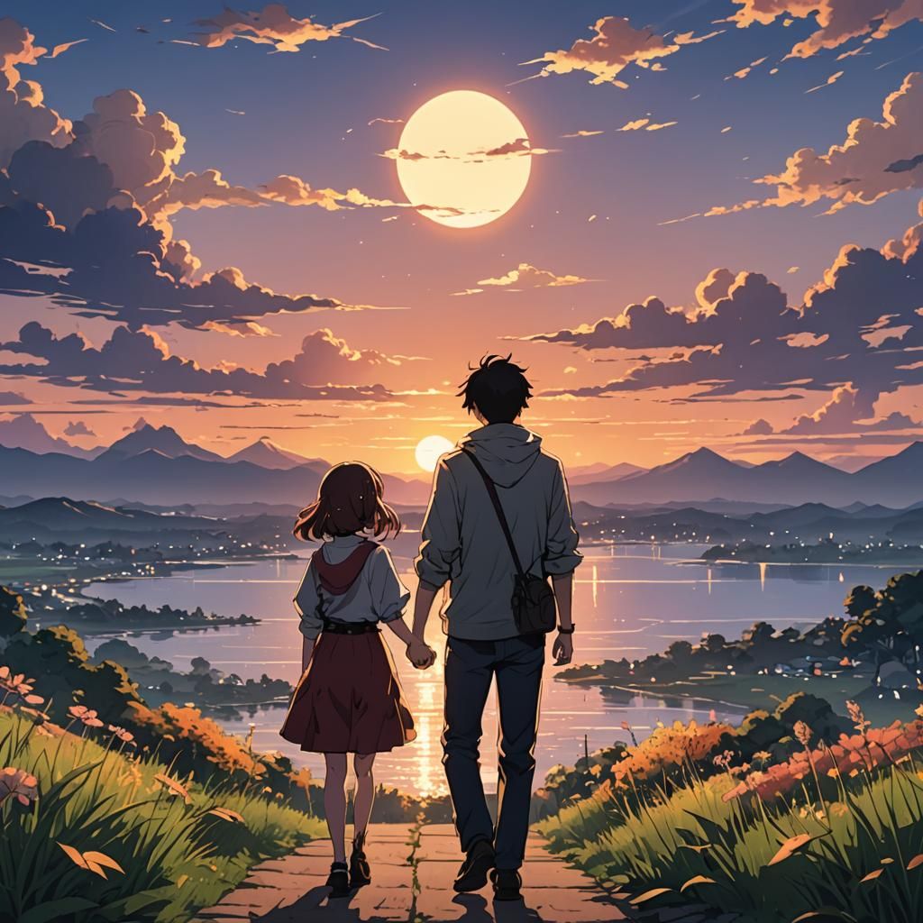 Anime Sunset: Couple Holding Hands, Cel-Shaded Style