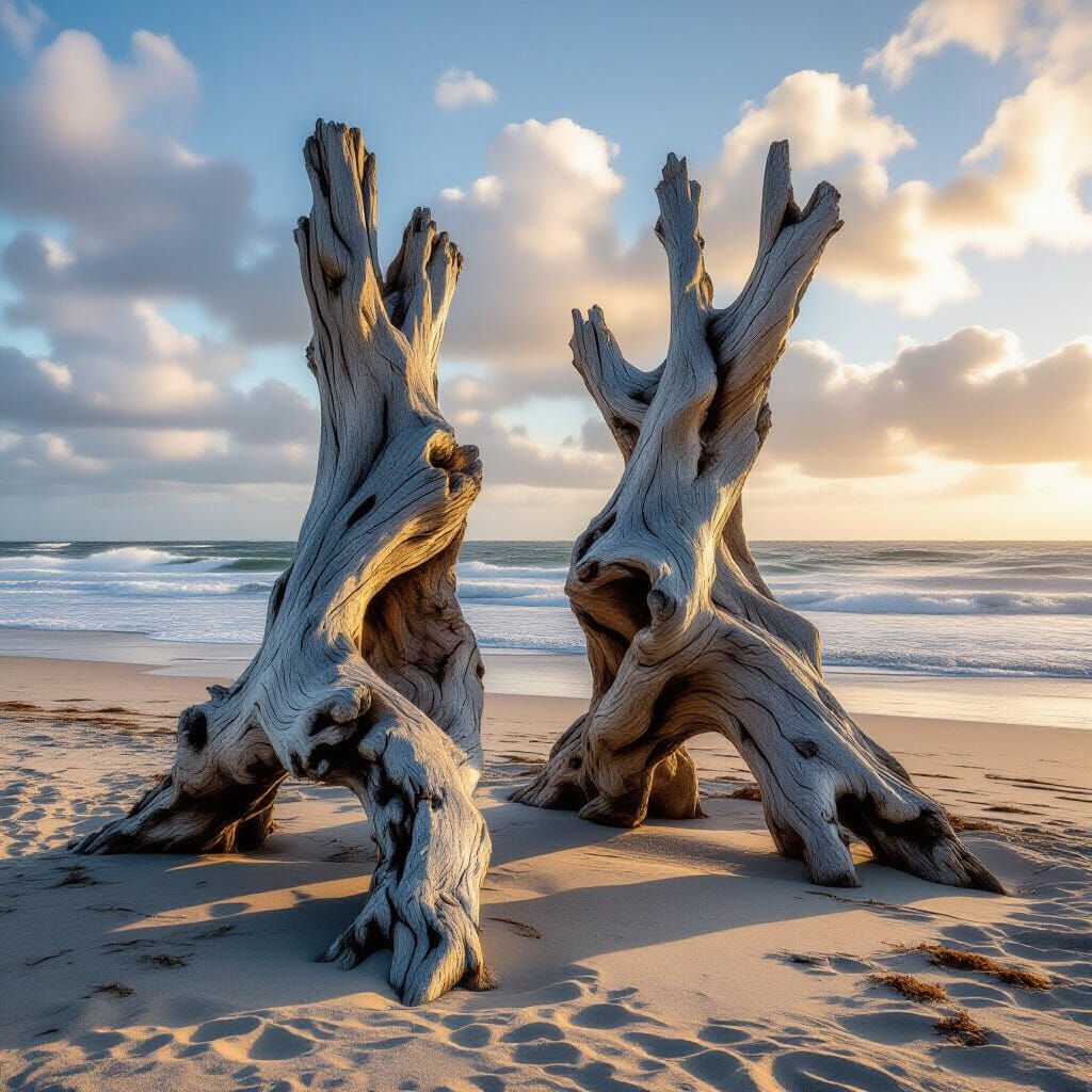 Coastal Driftwood Sculptures in Golden Hour Light