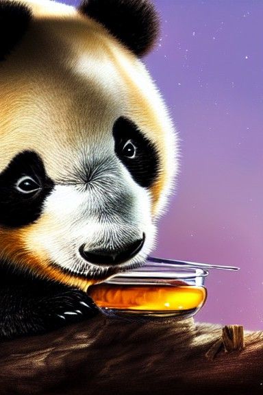 Cute Baby Panda Eating Honey at Night