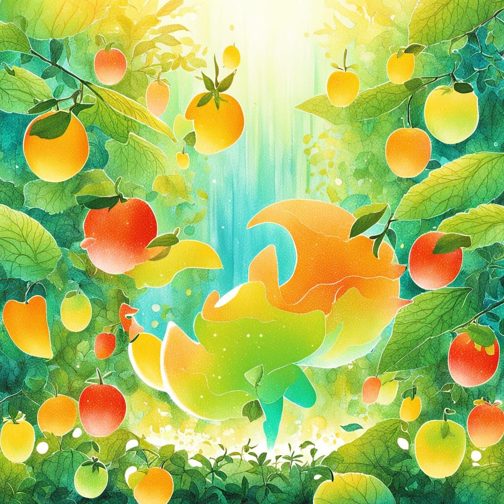 Vibrant Anime-Style Red Panda Surrounded by Mangoes