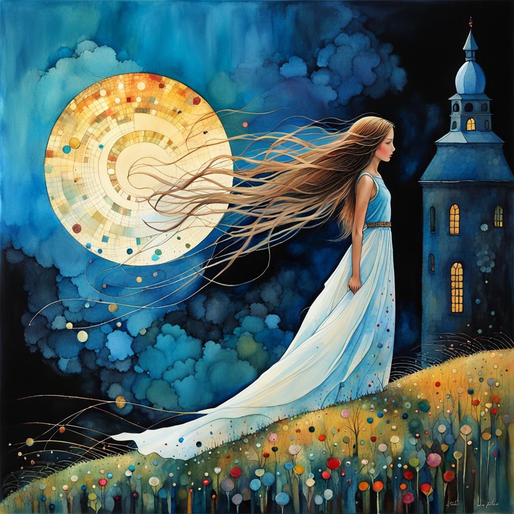 Girl on Windy Hill: Art Brut Digital Illustration
