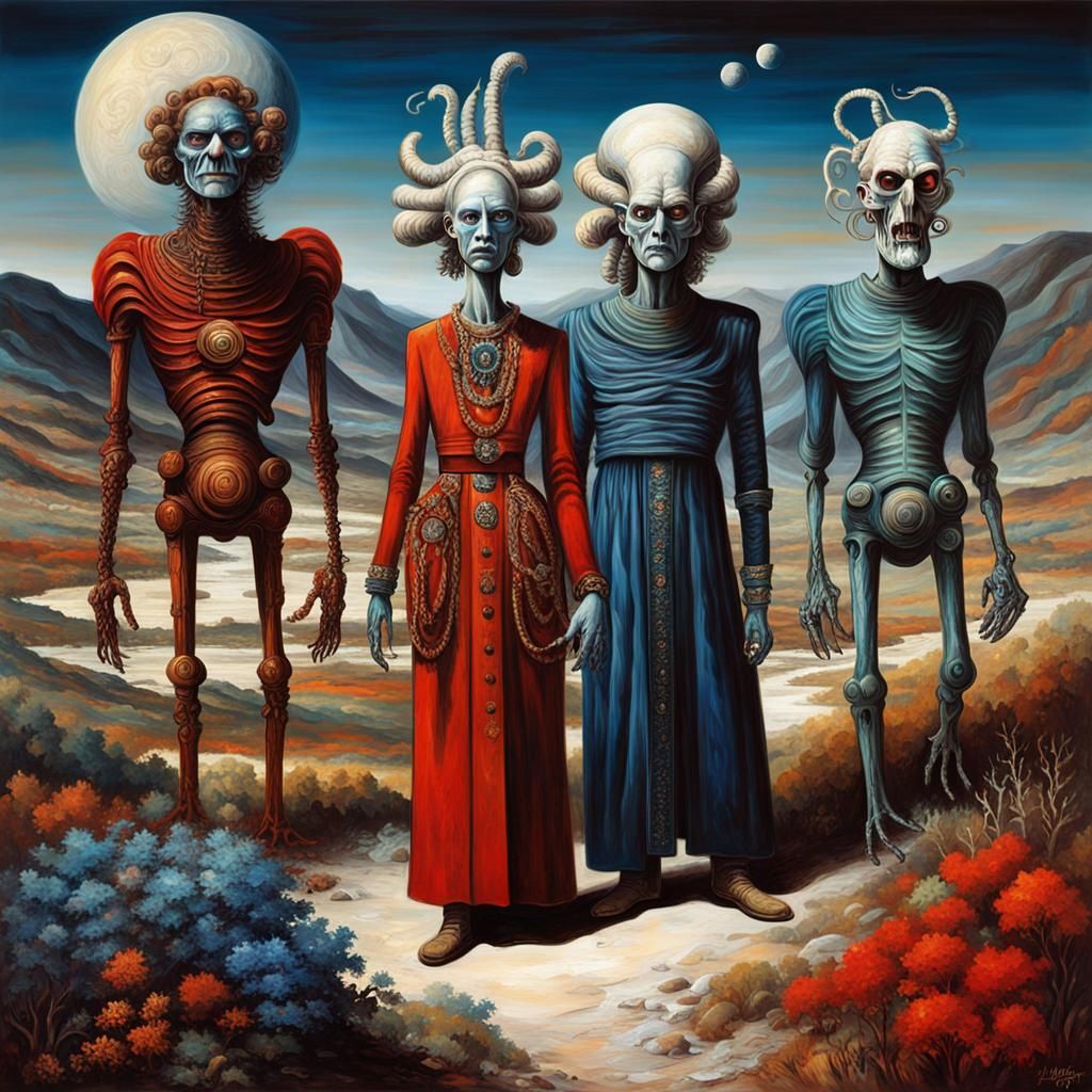 Cosmic Characters in Landscape, Oil Painting Style