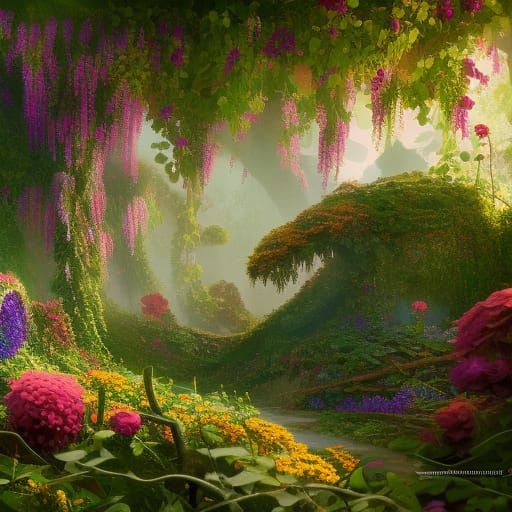 Lush Overgrown Ancient Garden with Vibrant Flowers