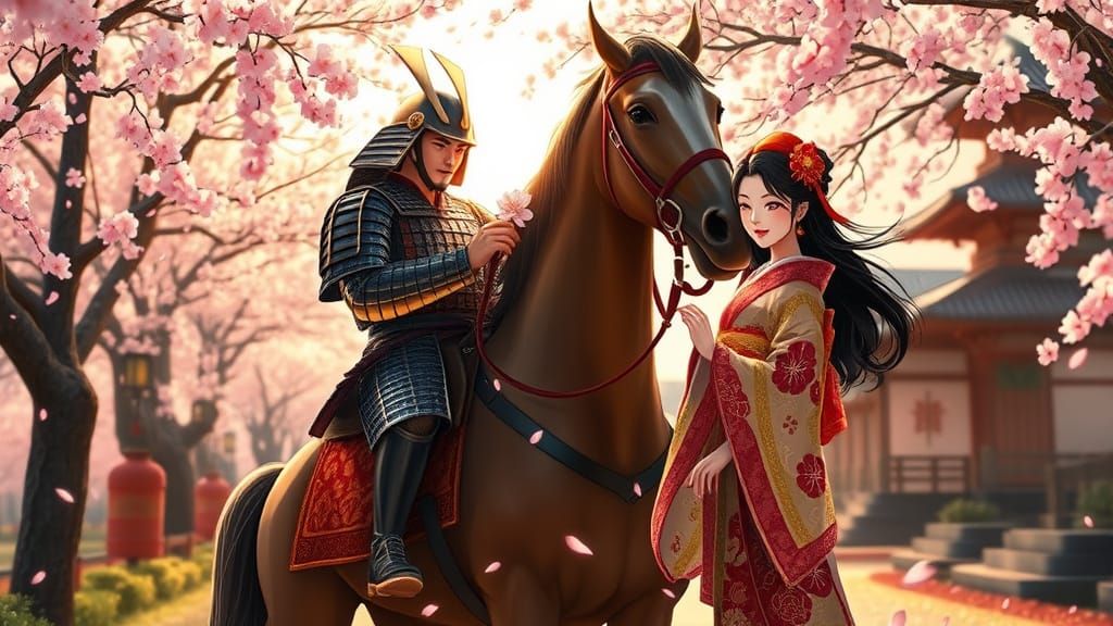 Samurai and Geisha in Cherry Blossom Garden