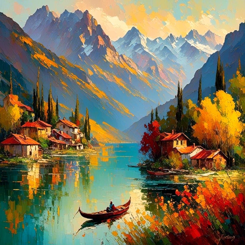 Impressionist Gondola on Serene Lake: Monet Style