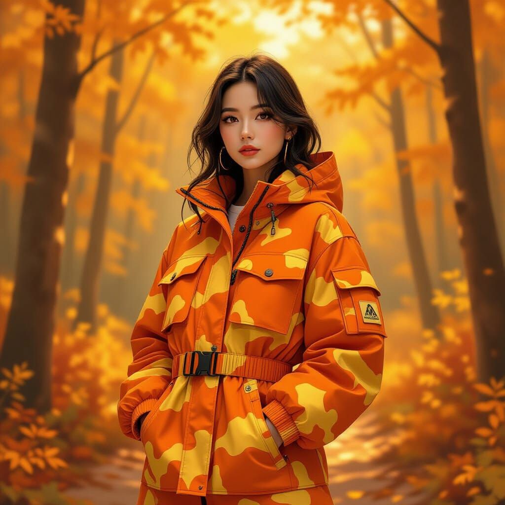 Woman in Camo Clothing in Autumn Forest, Pop Art Style