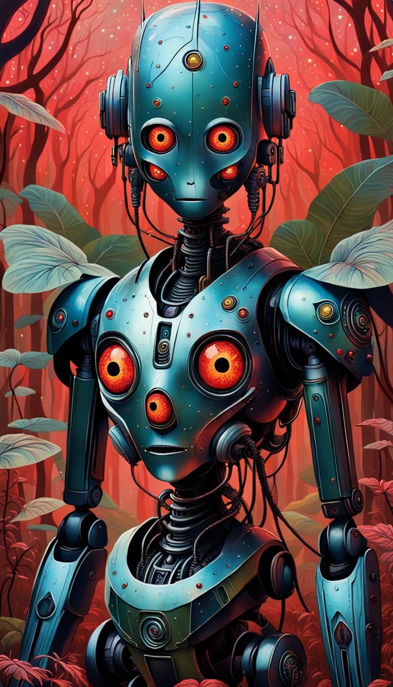 - A punk robot with red smiley eyes, reminiscent of a tiny s...