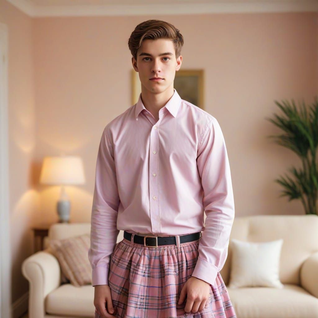 Young Man in Pink Tartan Dress Portrait