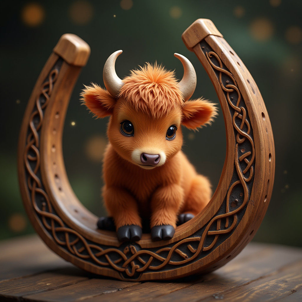 Miniature Highland Cow on Celtic Horseshoe